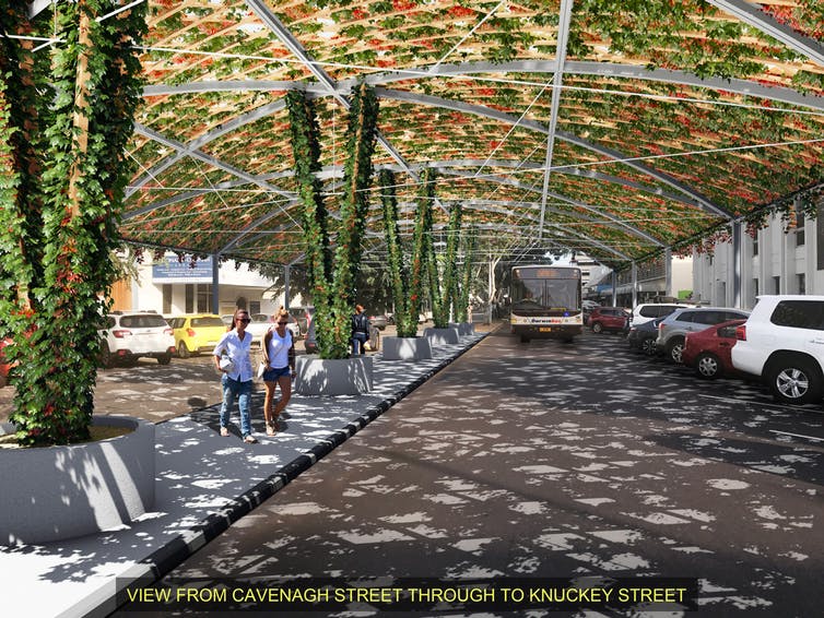 The vine shade structure will be equivalent to 24 trees but will shelter the street in months rather than taking years to grow.